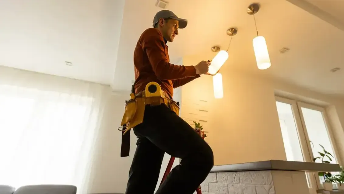 Persona contratada arreglando focos de luz